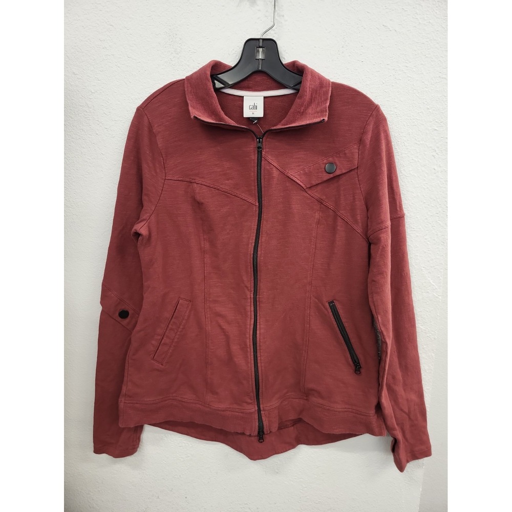 Cabi Med Full Zip Cotton Slub Knit Training Jacket Burgundy 4122 Pockets Zip